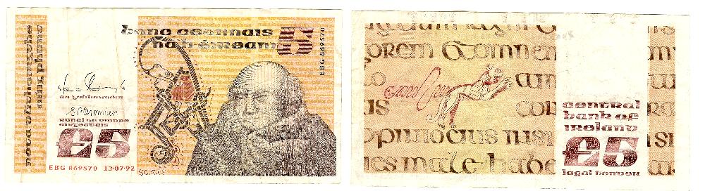 Ireland Republic 5 Pounds 13/7/1992 gVF